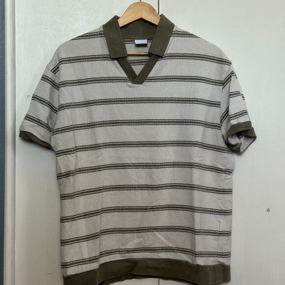 Zara Polo Shirt with Sage Green Stripes, White - Picture 1 of 3